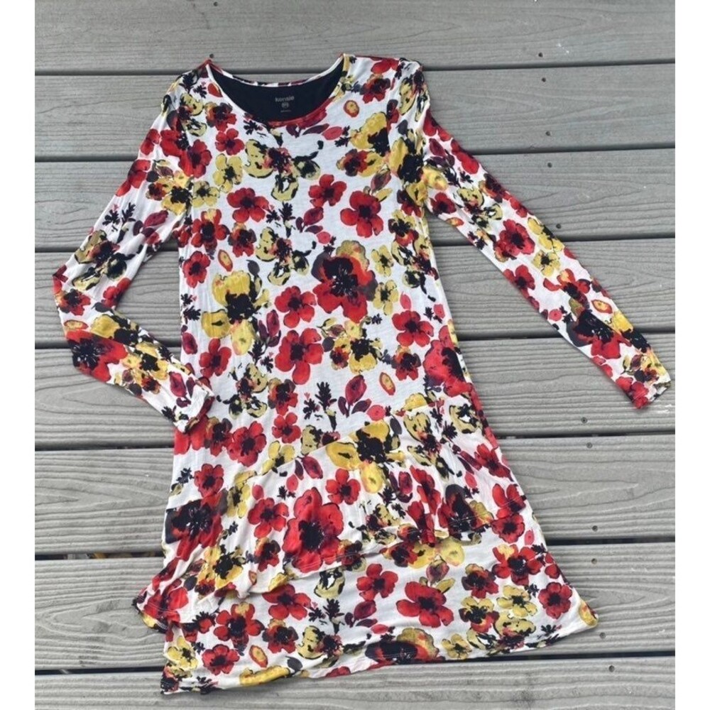 Kensie Womans Dress Tunic Long Sleeves Tiered Ruffles Floral Print Medium
